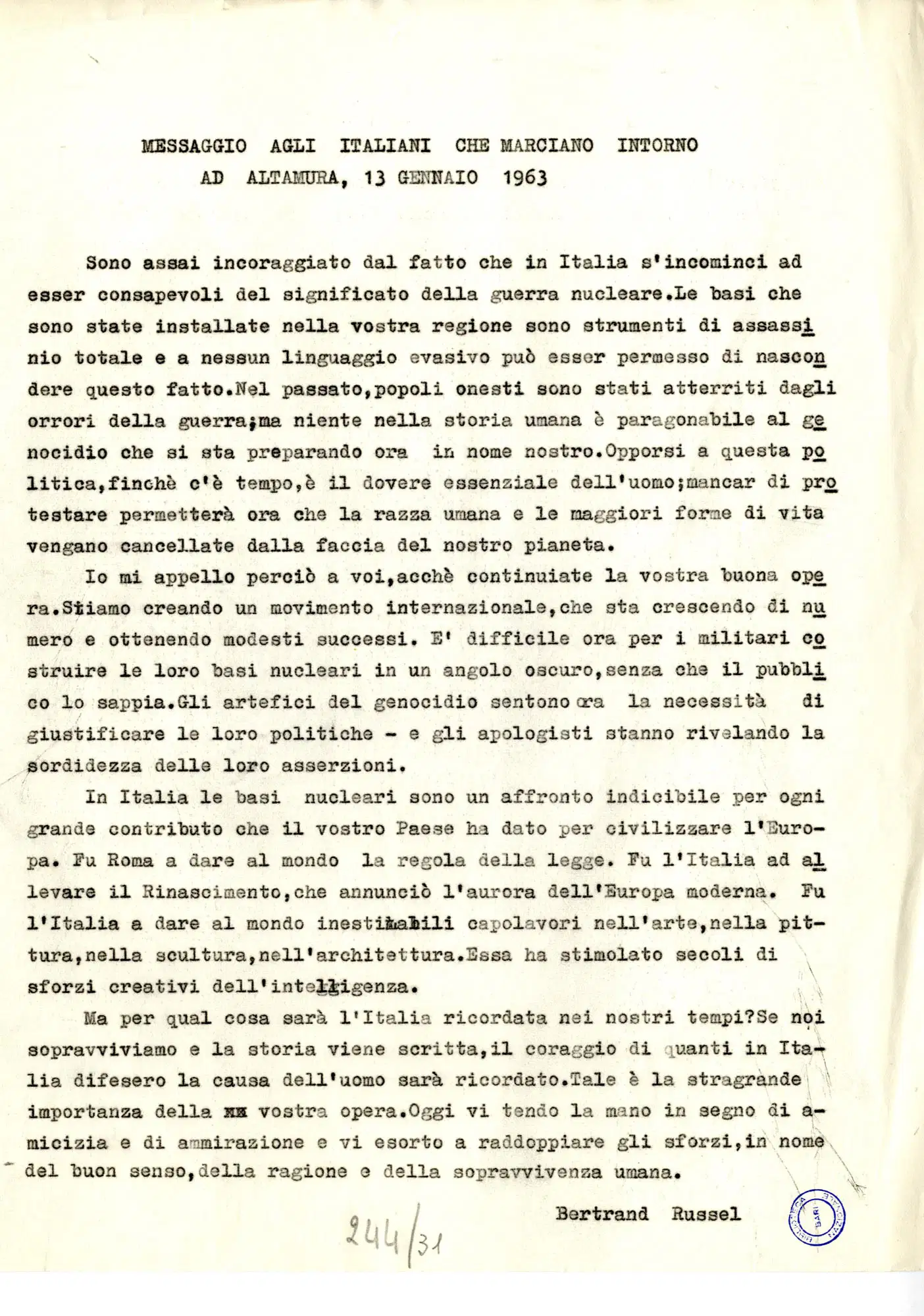 messaggio bertrand russell
